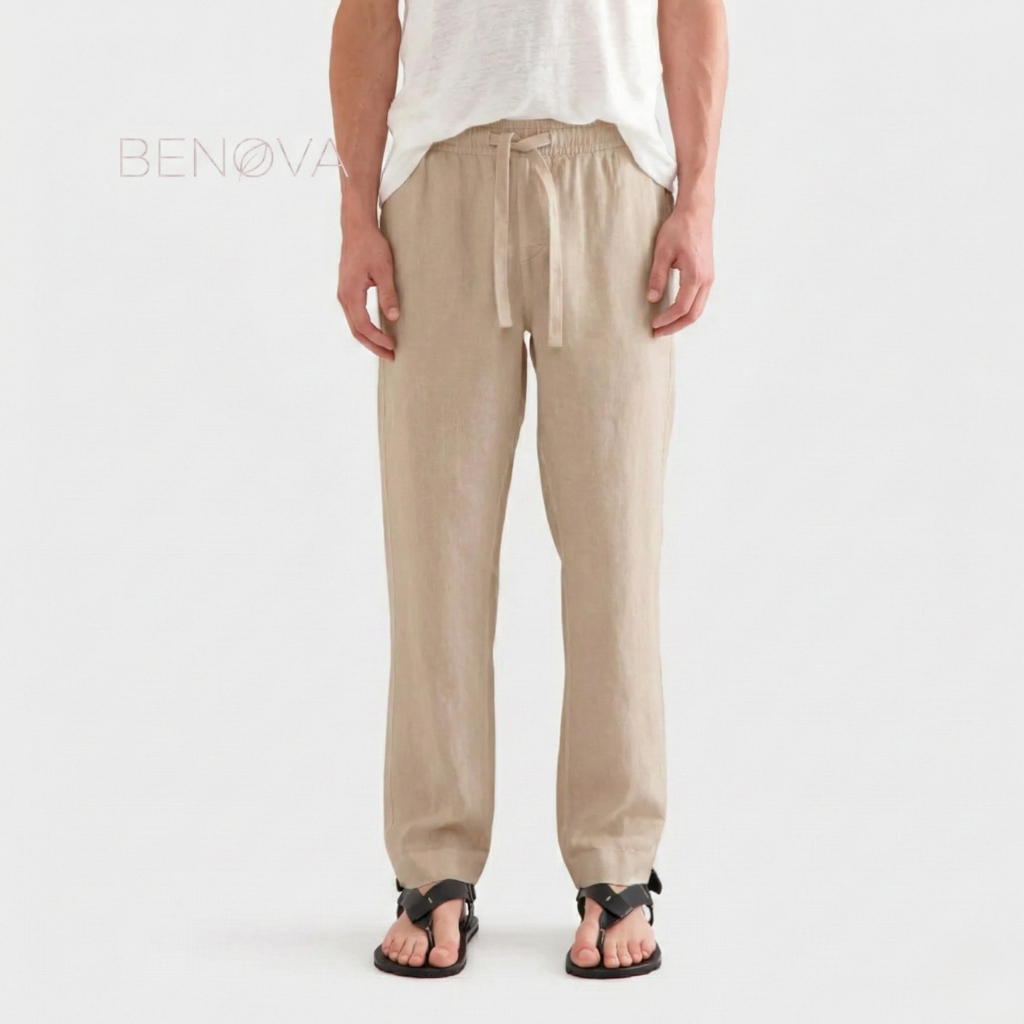 BENOVA Celana Panjang Linen Pria Mens Linen Loosepants - Beige