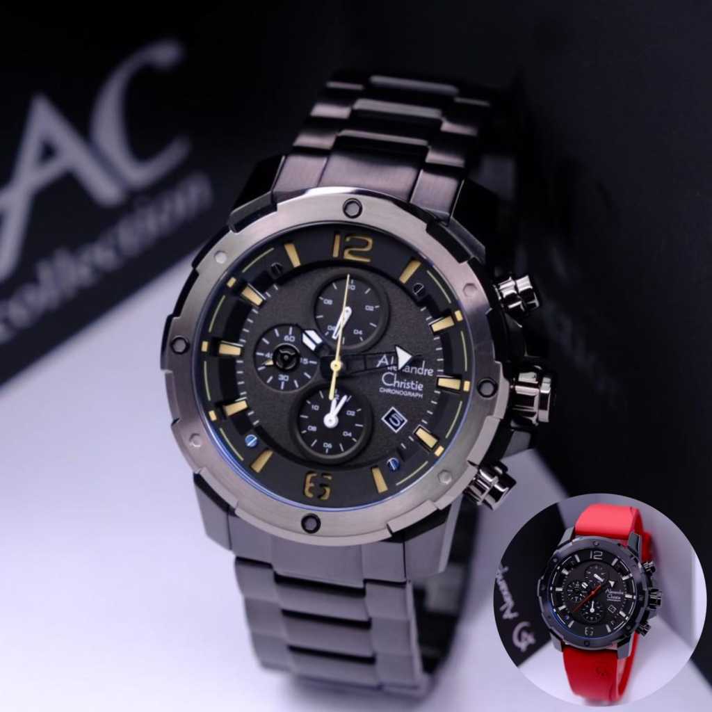 Jam tangan pria alexandre christie ac 6410 analog chronograph stainless steel leather & rubber origi