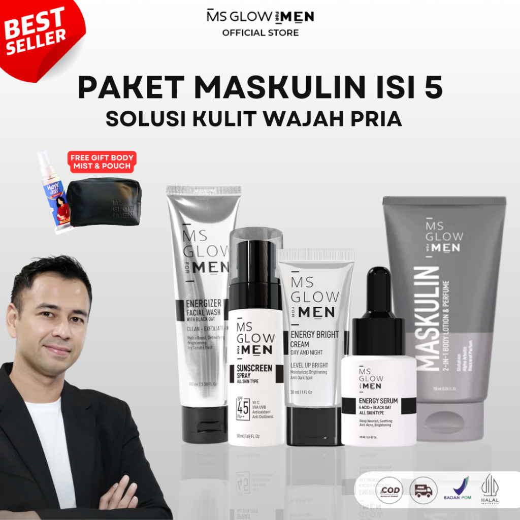 MS GLOW MEN - PAKET MS GLOW MEN ISI 5 | Paket Lengkap Facial Wash - Bright Cream - Serum - Sunscreen
