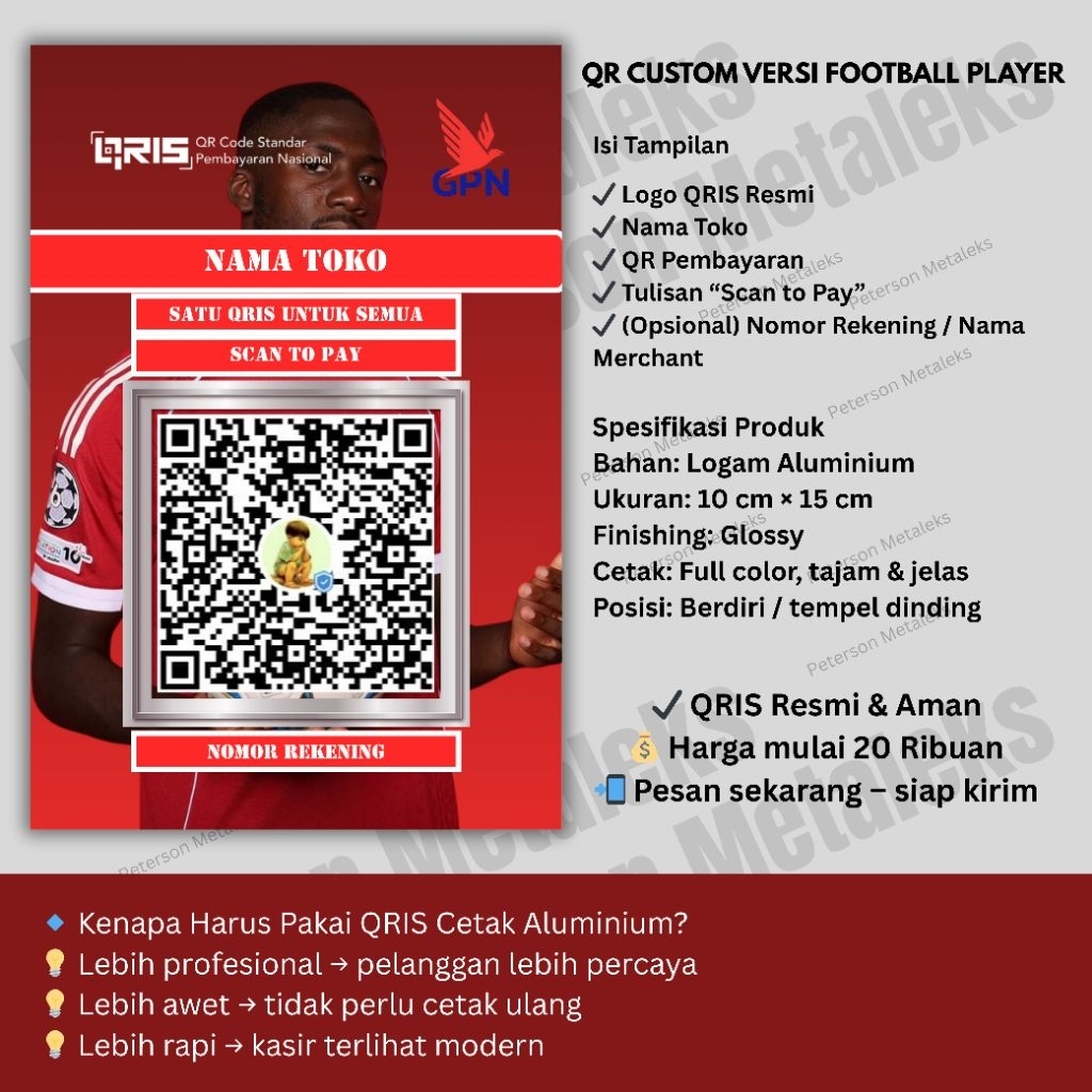 Cetak Qris Aluminium versi Football Player | QR | QR CUSTOM