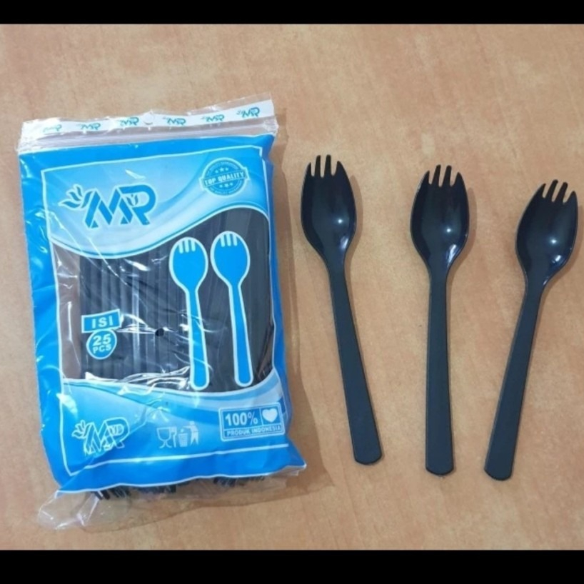 HAPPY GROSIR [25PCS] Sendok Plastik 2 in 1 | Sendok Spork Hitam | Sendok Garpu Plastik Tebal