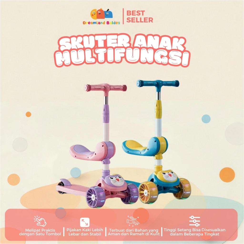 Skuter Anak 3-12 Tahun Roda 3 Dengan Tempat Duduk Scooter Lipat Dengan Lampu Roda Nyala Bangku