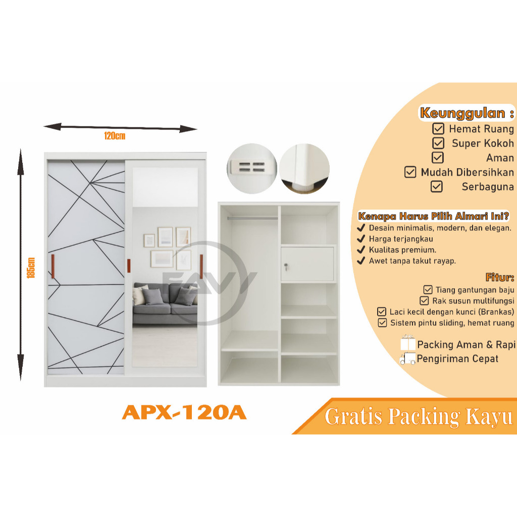 FAVY - APX 120 Lemari Baju Besi Sliding 2 Pintu / Lemari Pakaian Besi 2 Pintu Sliding / Lemari Baju 