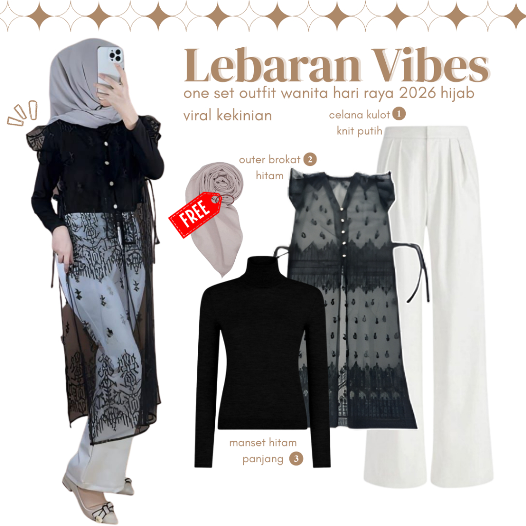 One Set 4in1 Lebaran Kekinian Hijabers - ( Kulot Pants + Outer Brukat + Inner Manset ) OOTD Kekinian