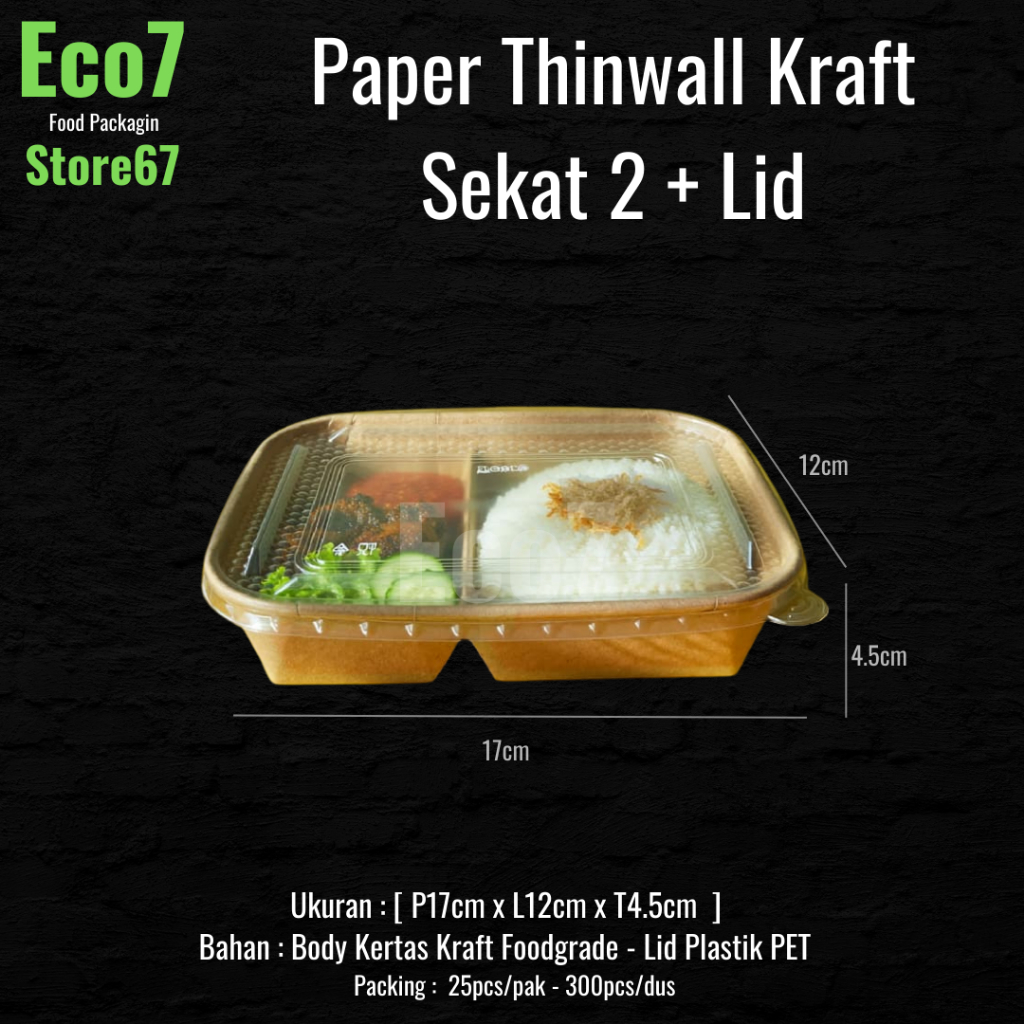 Paper Thinwal sekat 2 , Kotak Makan , Lunch Box+Lid , Foodbox 25pcs