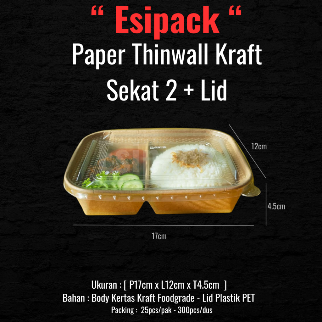 Paper Thinwal sekat 2 , Kotak Makan , Lunch Box+Lid , Foodbox 25pcs