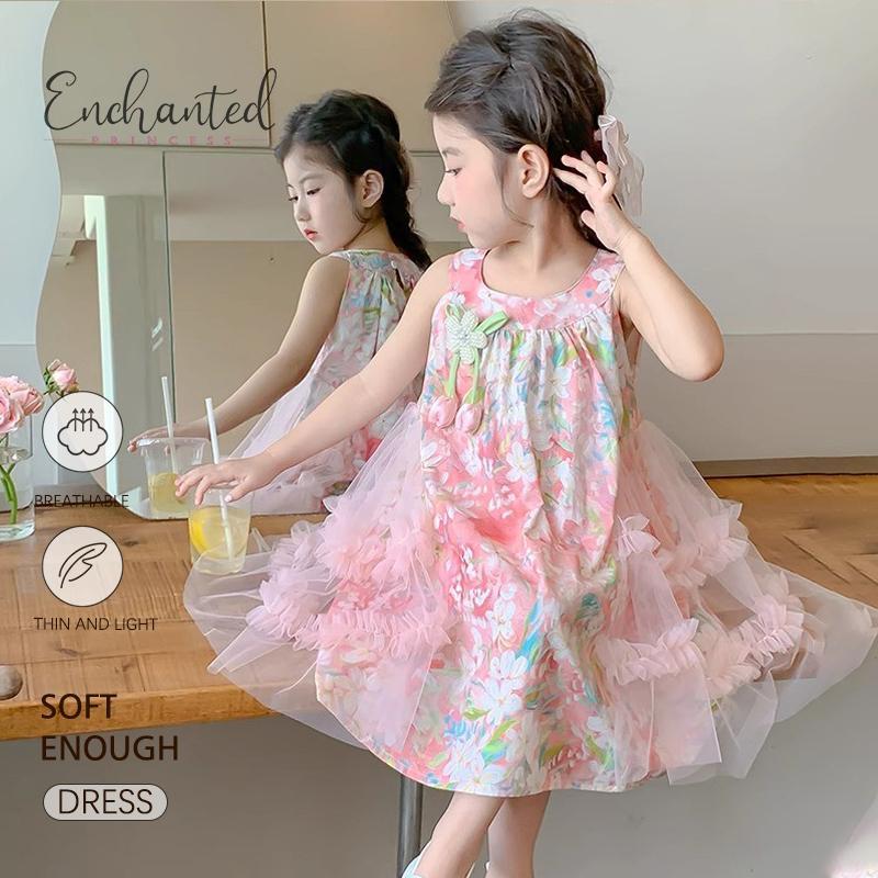 [EENCHANTED PRINCESS] Gaun Putri Anak Perempuan Gaun Jala Merah Muda Tanpa Lengan Gaya Korea Fashion