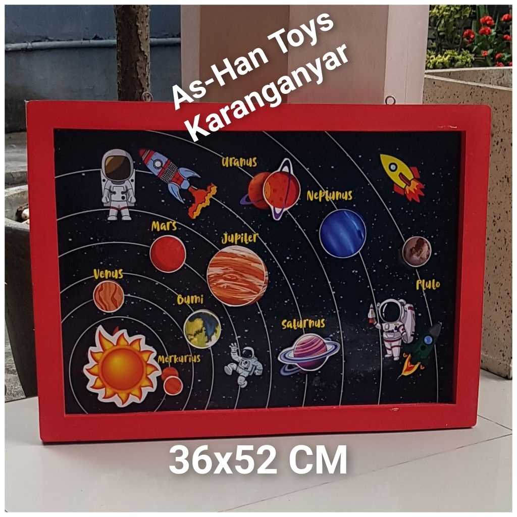 Tata Surya,Peraga Tata Surya,Mainan Kayu Tata Surya,Papan Magnet,Angka,Buah,Kendaraan