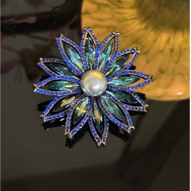 Bros Hijab Bunga Biru Mewah Bros Bahu Premium Zirkon Original Clips Anggun