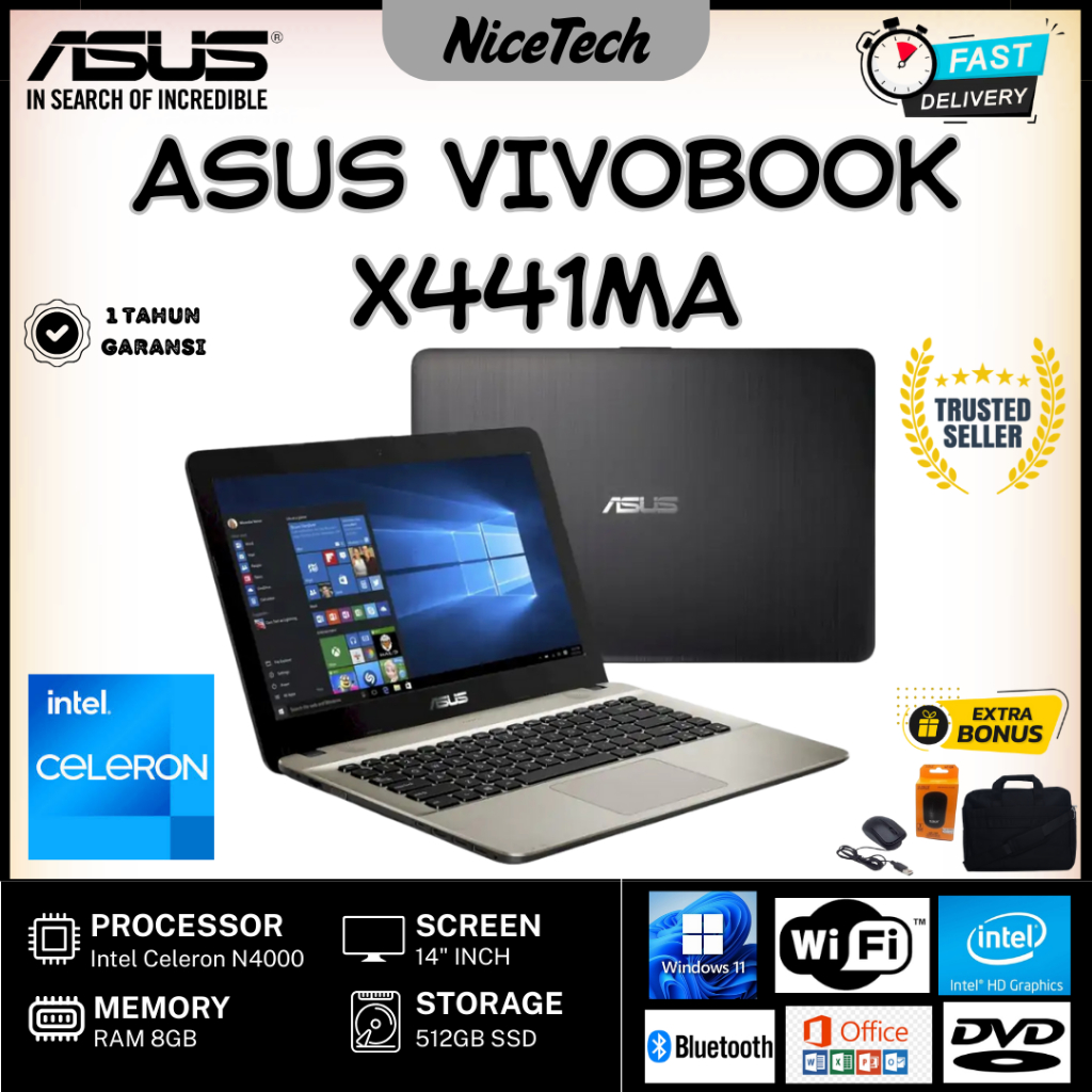 LAPTOP ASUS VIVOBOOK X441MA INTEL N4000 RAM 8GB SSD 512GB - FREE BONUS WINDOWS 11 DAN OFFICE