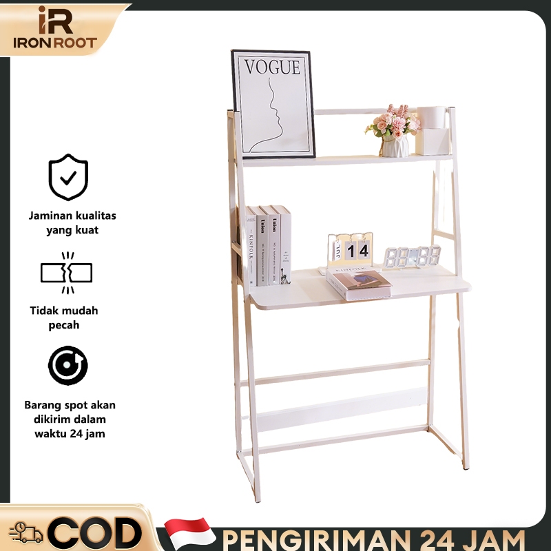 IRONROOT Meja Belajar Meja Komputer Meja Kerja Rak Horizontal Kaki Besi Kokoh Kayu Kokoh Dan Multifu