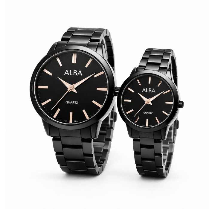 Jam Tangan Alba Couple Pria Wanita Hitam, Desain Modern Elegan