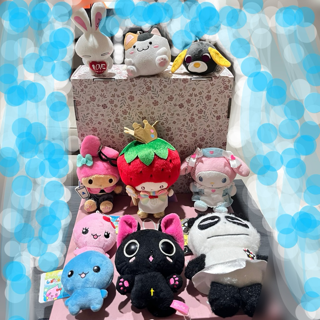keychain plush rare character shizuku chan, raja stroberi sanrio, melody, ochaken, nyanpire, panda b
