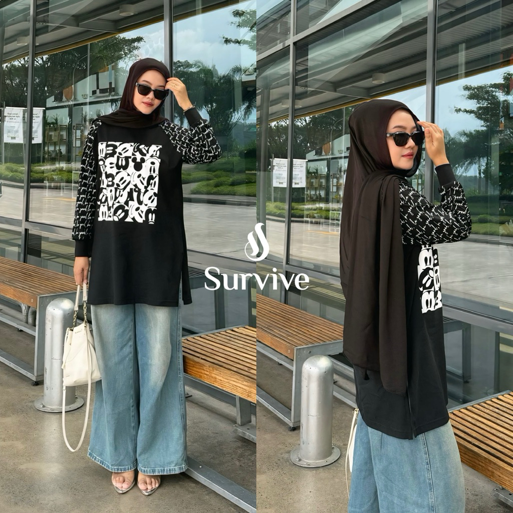 Survive ~ Kaos Tunik Wanita Black “Mickey” Oversize
