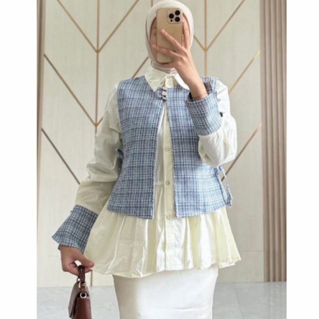 Kemeja Poplin Mix Vest Tartan Kotak-Kotak Vest