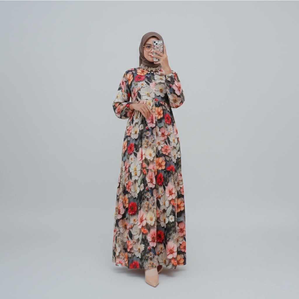 Orinaura Dress Muslimah Rayon Viscose Motif Bunga - Gamis Busui Friendly Adem & Mewah