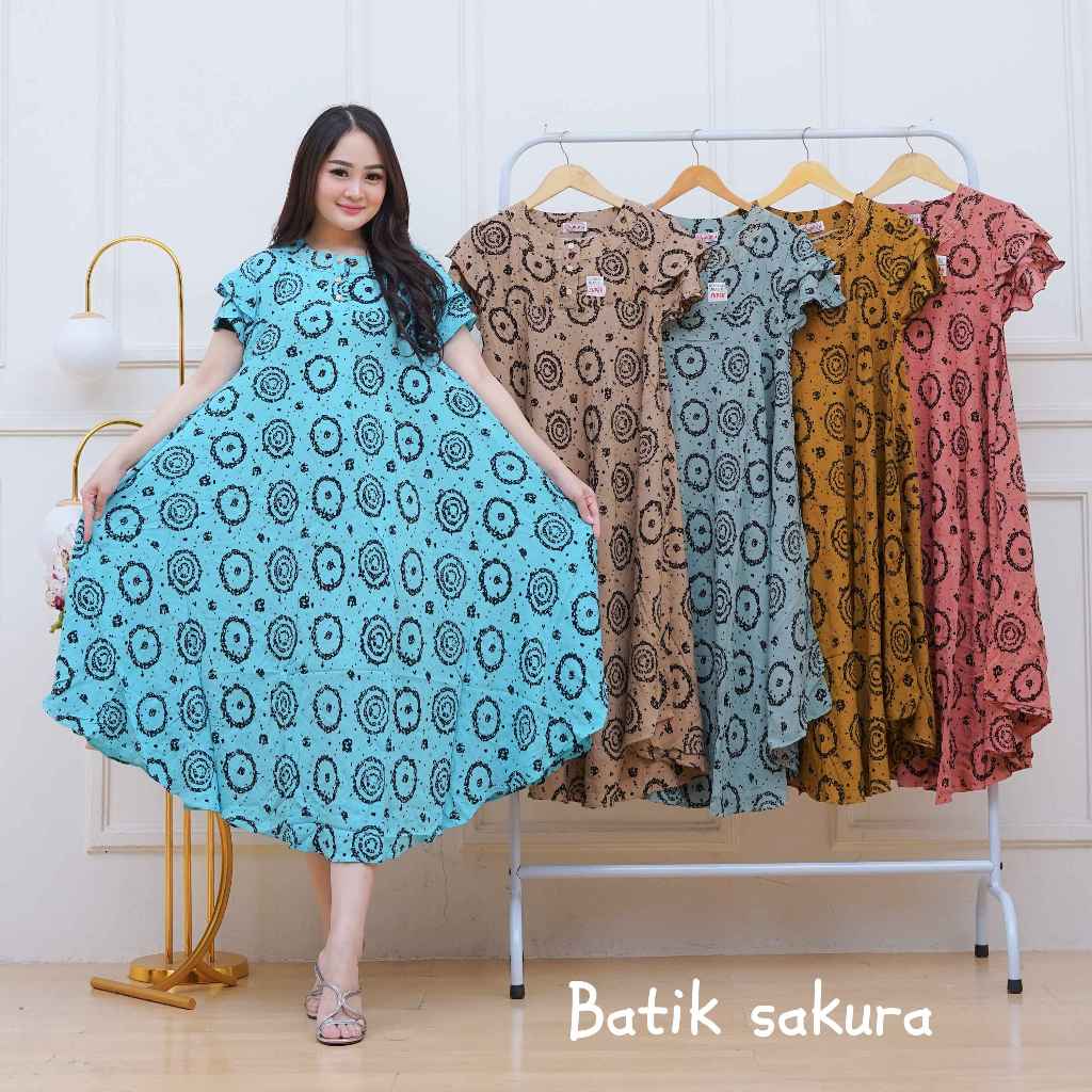 Daster Payung Jumbo Caroline Motif Printing Batik Sakura Pekalongan Baju Dress Rayon Panjang Kancing