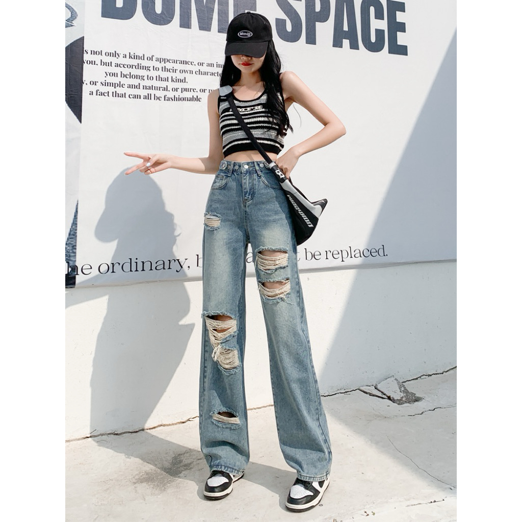 JJ Studio Celana Jeans Wanita Highwaist Kulot Sobek Jeans Import Premium
