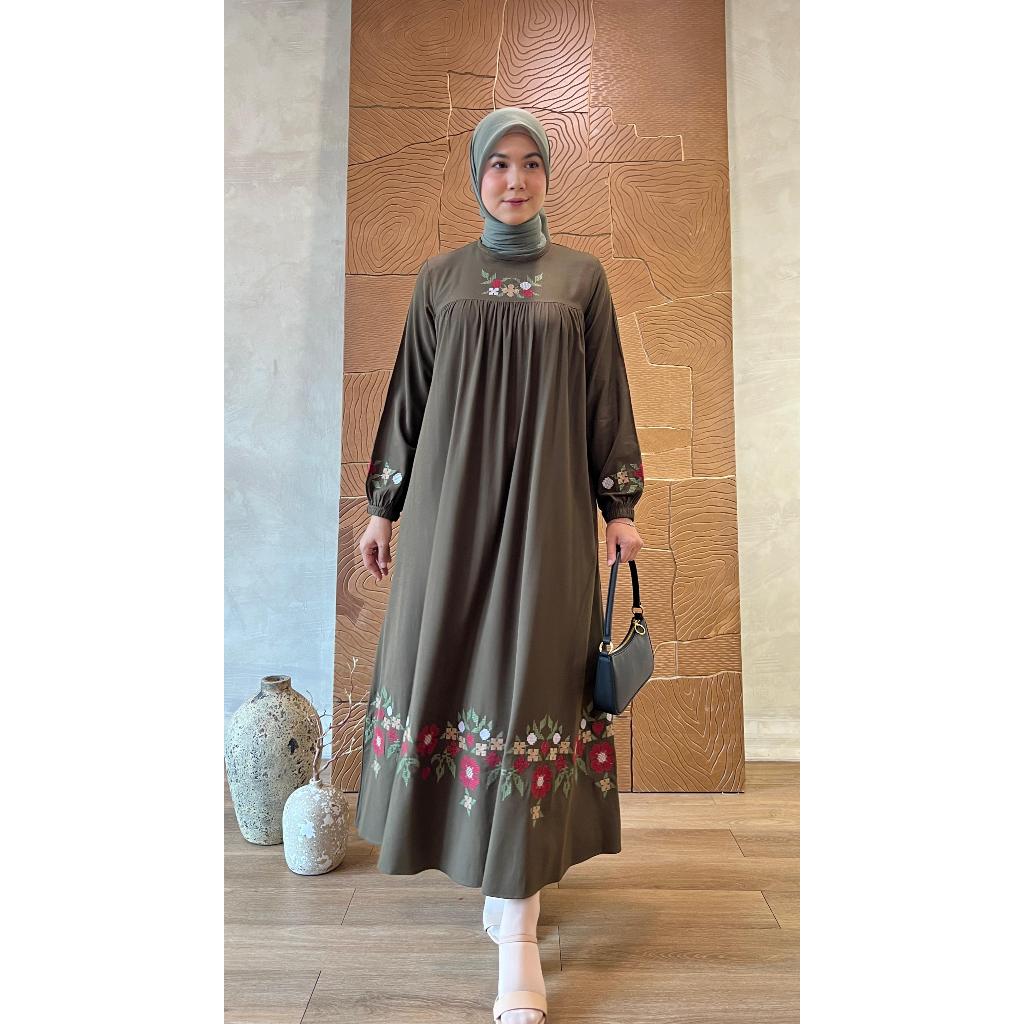 MIDI DRESS GAZELA BORDIR / BAJU WANITA MUSLIM/ WARNA DIABI ADIBA/ GROSIR TANAH ABANG