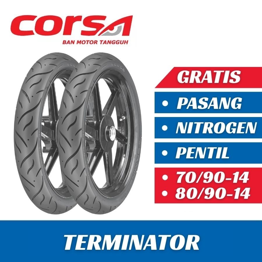 Paket Ban Motor CORSA TERMINATOR 70/90-14 & 80/90-14 Tubeless Ban Depan Belakang Motor Matic Ring 14