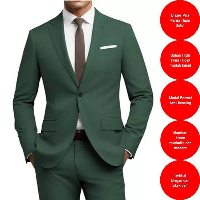 Blazer Pria Hijau Botol High Twist | Jas Pria Formal Slim Fit | Kancing 1 | Ukuran S–XXL