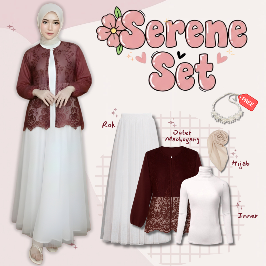 OneSet Stylish Kekinian ( Outer Brokat, Rok Tutu, Manset, Hijab, Dress Satin, Crop Top, Cutbray )I38