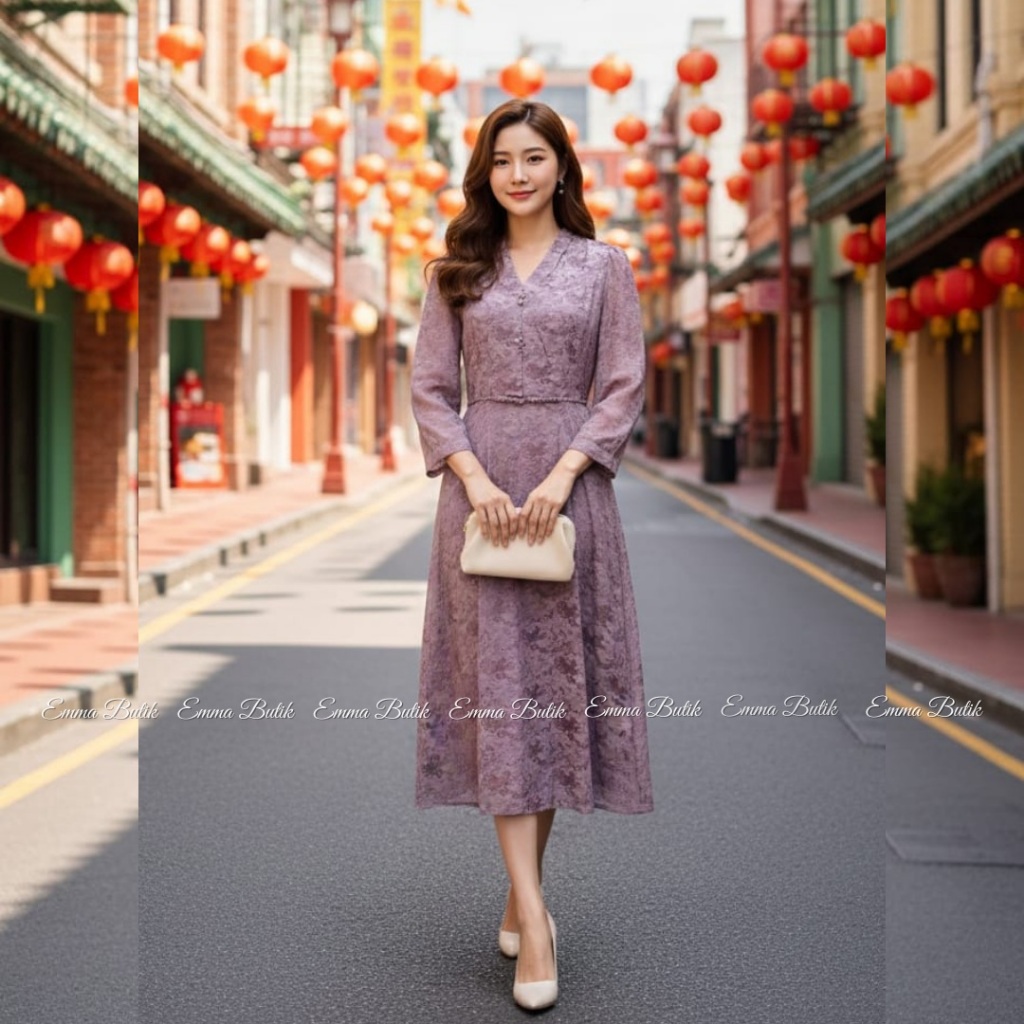 Emma.Butik E00708 Gaun Ungu Paskah Wanita Crepe Midi Dress Lavender CNY Mewah Pesta Lengan Panjang T