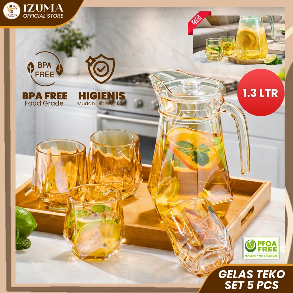 IZUMA Set Teko & Gelas Kaca Estetik 1.3 Liter + 4 Gelas 240ml Gold BPA Free | Teko Minum Minimalis