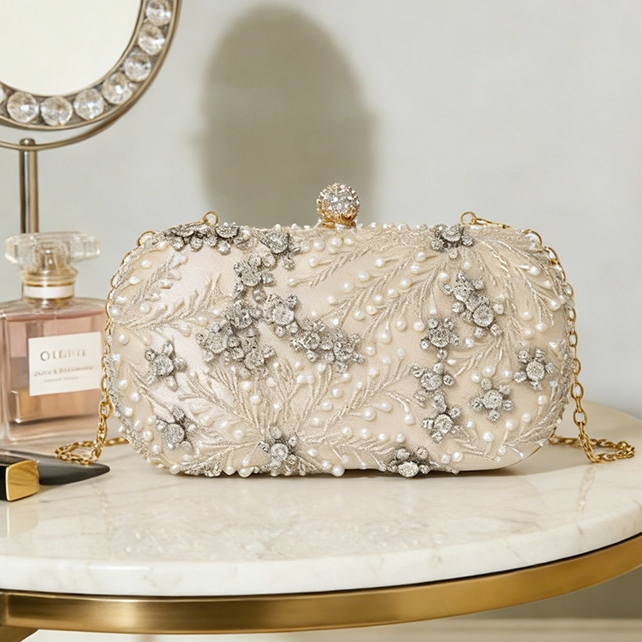 Tasio Tas Kondangan Mewah Payet Kristal Putih Model Bulat Elegan | Tas Tangan Wanita Premium Kancing