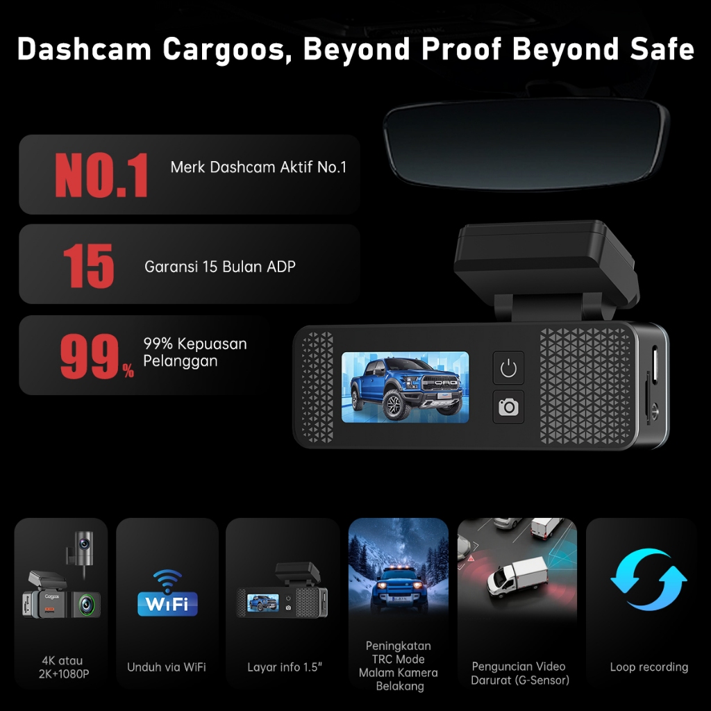 Cargoos O1 2026 Dashcam Dual Kamera 4K+1080P WiFi Depan Belakang