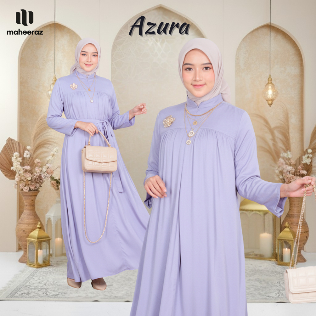 Maheeraz Azura Dress Gamis Wanita Kekinian Baju Lebaran Wanita 2026 Mewah Elegan Biru Muda