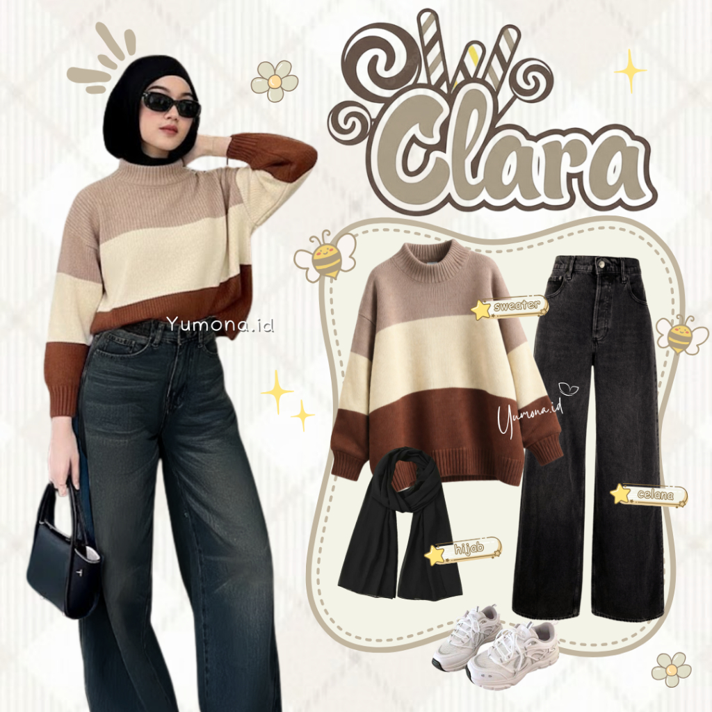 Clara One Set Sweater Oversize (Atasan Rajut Celana Rok) Vintage Yearbook Outfit Wanita 4in1 - Z125