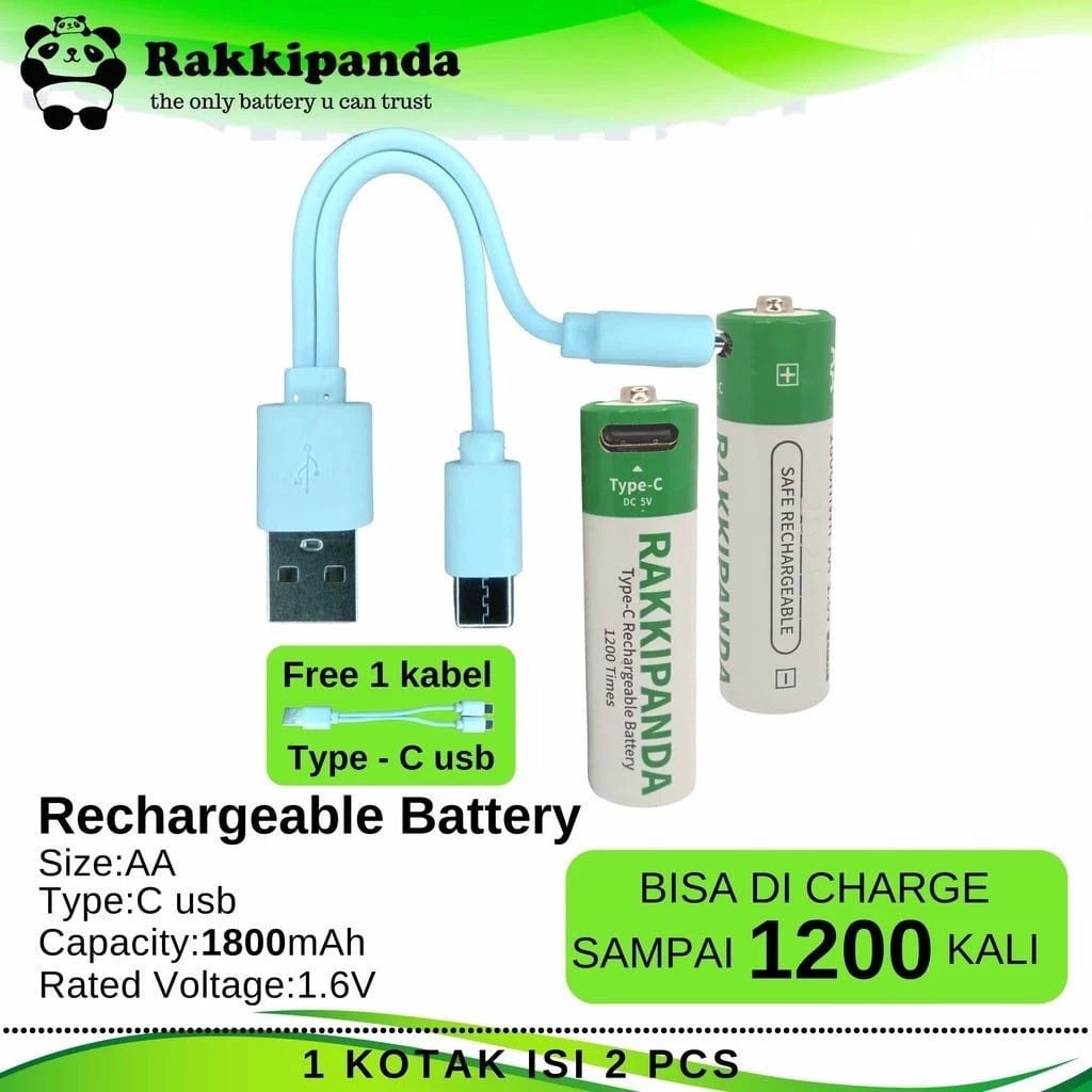 BATERAI RakkiPanda Cas isi Ulang AAA Type-C