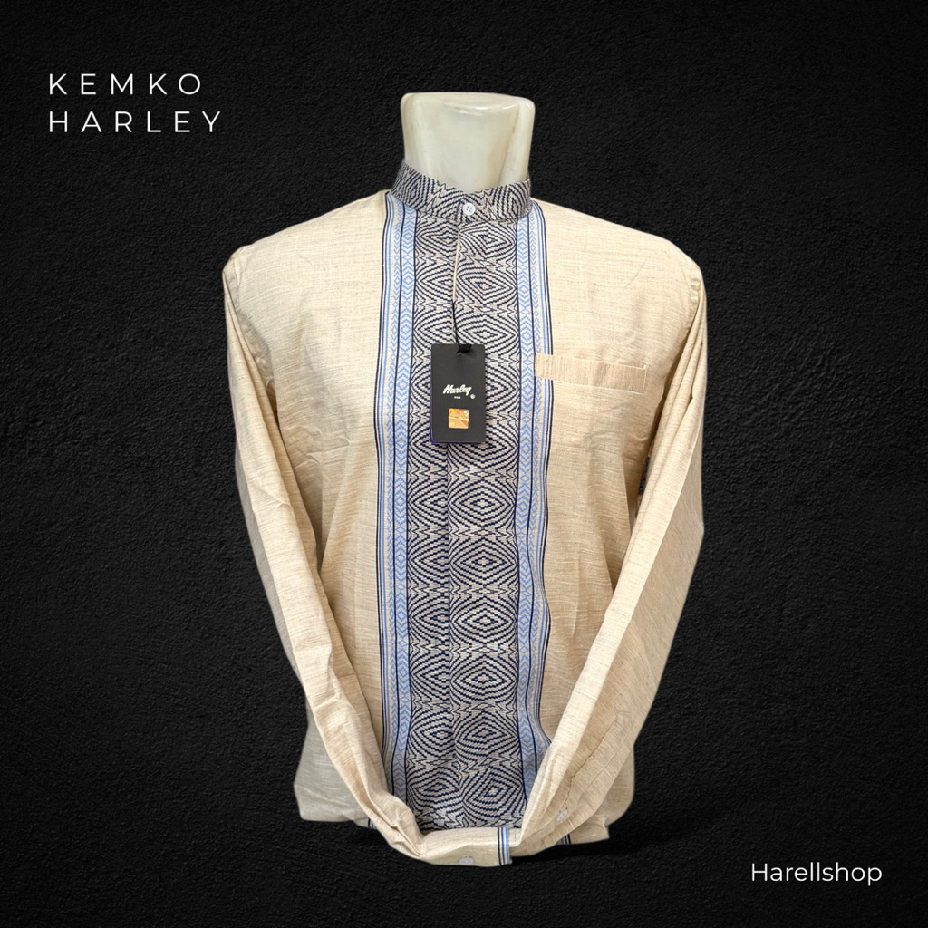Kemko Harley Pria Lengan Panjang Krem Terang | Baju Koko Modern Katun Adem | Koko Motif Tengah Premi
