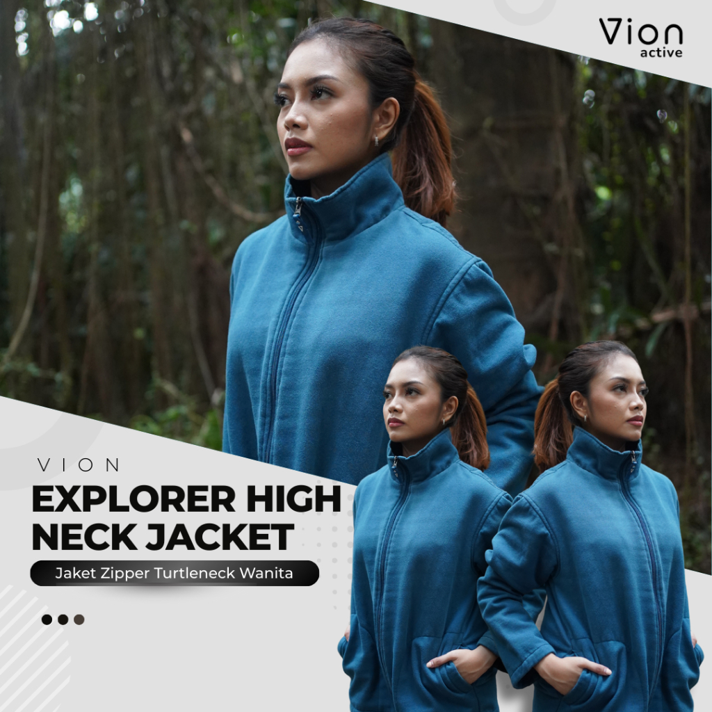 Vion Explorer High Neck Jacket - Jaket Zipper Turtleneck Wanita Cotton Fleece 330 GSM Deep Blue