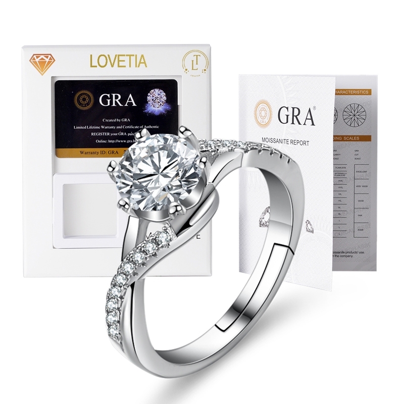 LOVETIA Cincin Moissanite Wanita Bercakar Enam 1.0 Ct S925 Perak Elegan Sertifikat GRA Berlian Asli 