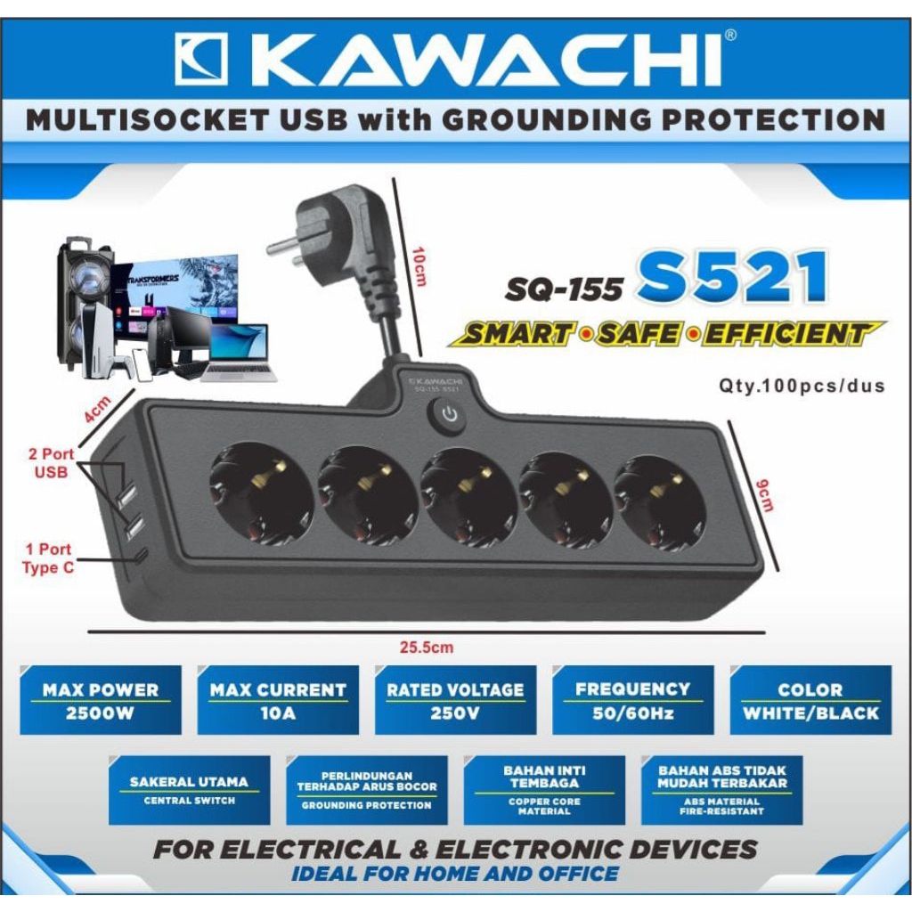 Kawachi stop kontak 5 LB cok sambung 5 lobang + colokan USB