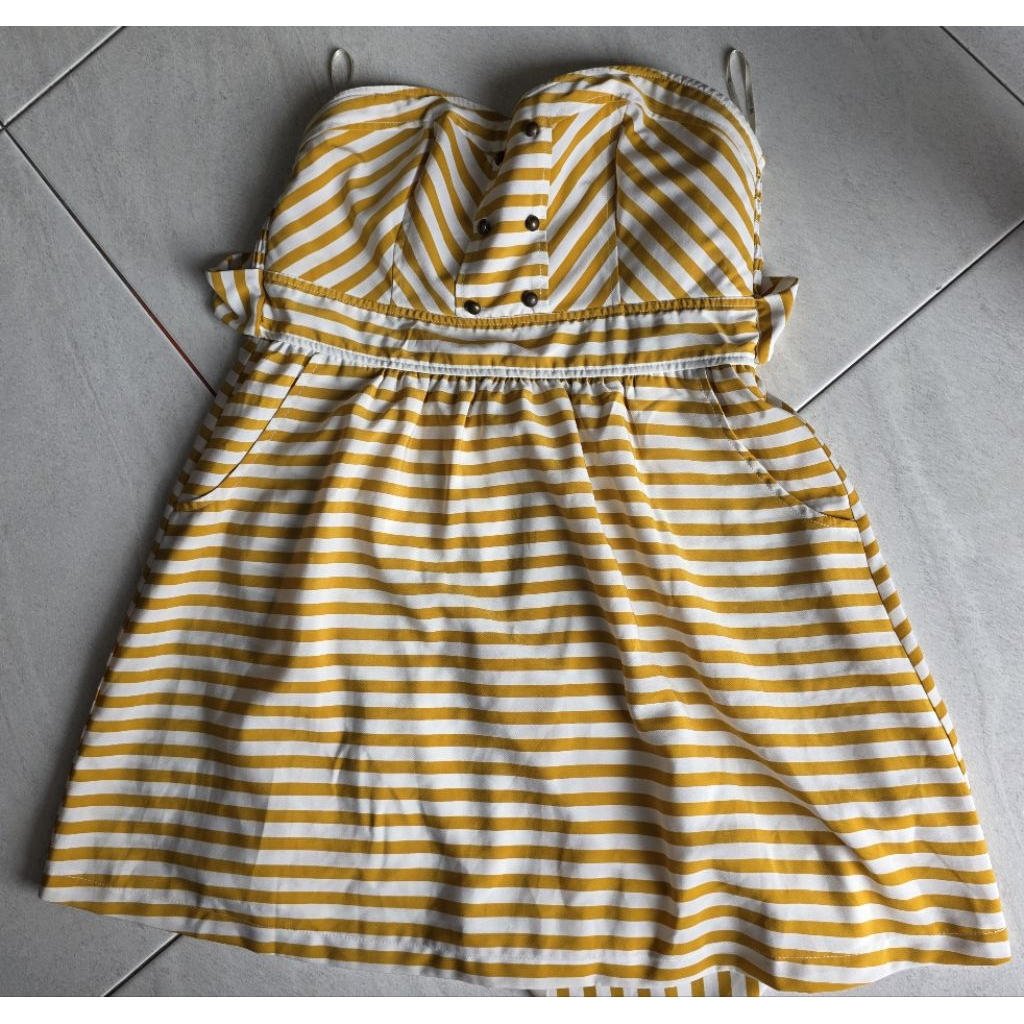 Preloved dress wanita | minidress perempuan | merk forever 21 | motif salur kuning | like new | kole