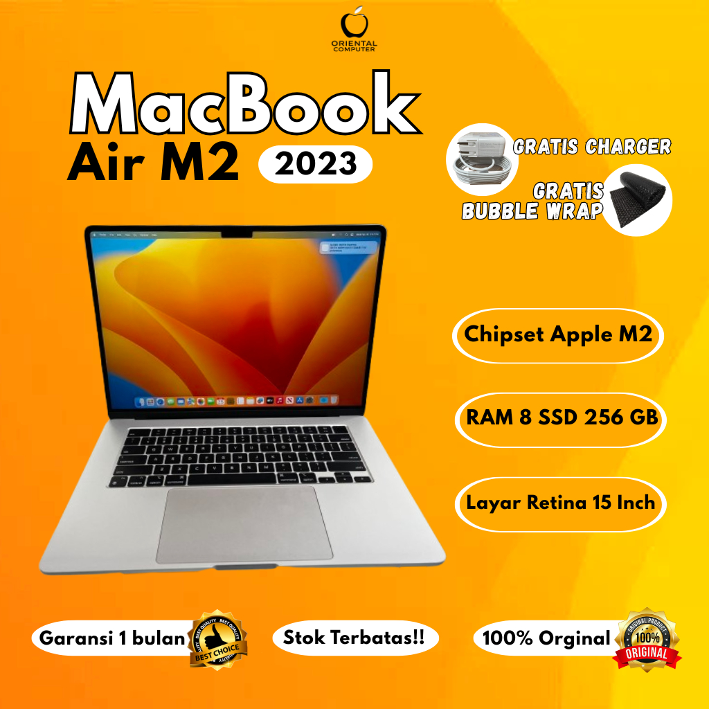 Laptop Apple MacBook Air M2 2023 8/256GB SSD 15 Inch Retina Second Bergaransi