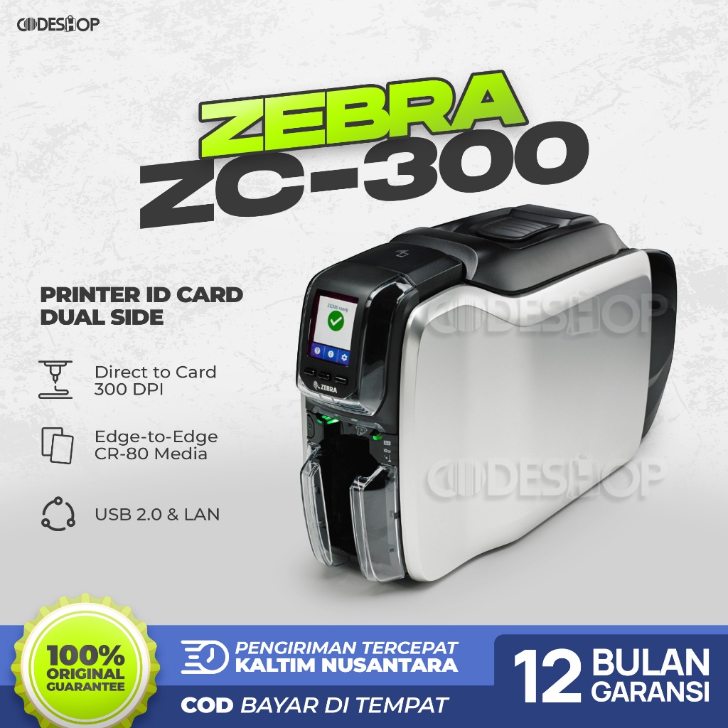 Printer ID Card Zebra ZC300 Dual Side 300dpi Cetak Kartu PVC Dua Sisi USB Ethernet