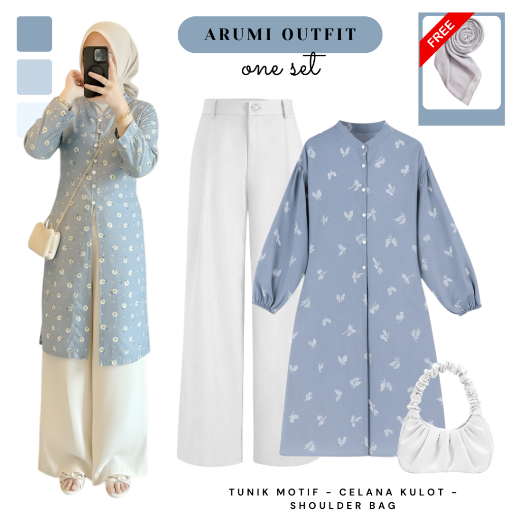 Setelan Lebaran Wanita (Tunik Motif Biru, Celana Kulot, Tas Putih) One Set Outfit Kekinian - CTO122