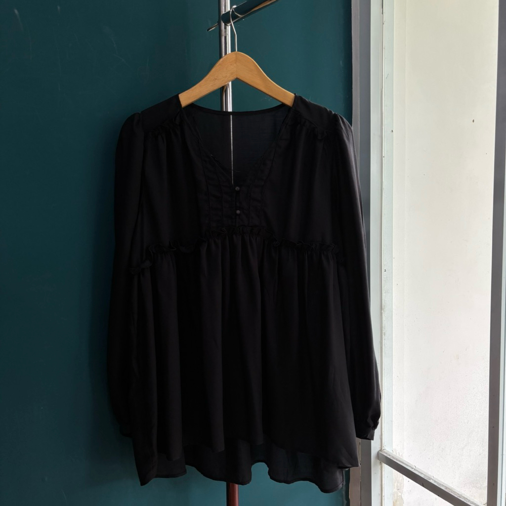 Blus Wanita A14 Hitam black motif polos – Atasan Lengan panjang Bahan katun adem lengan balon Elegan