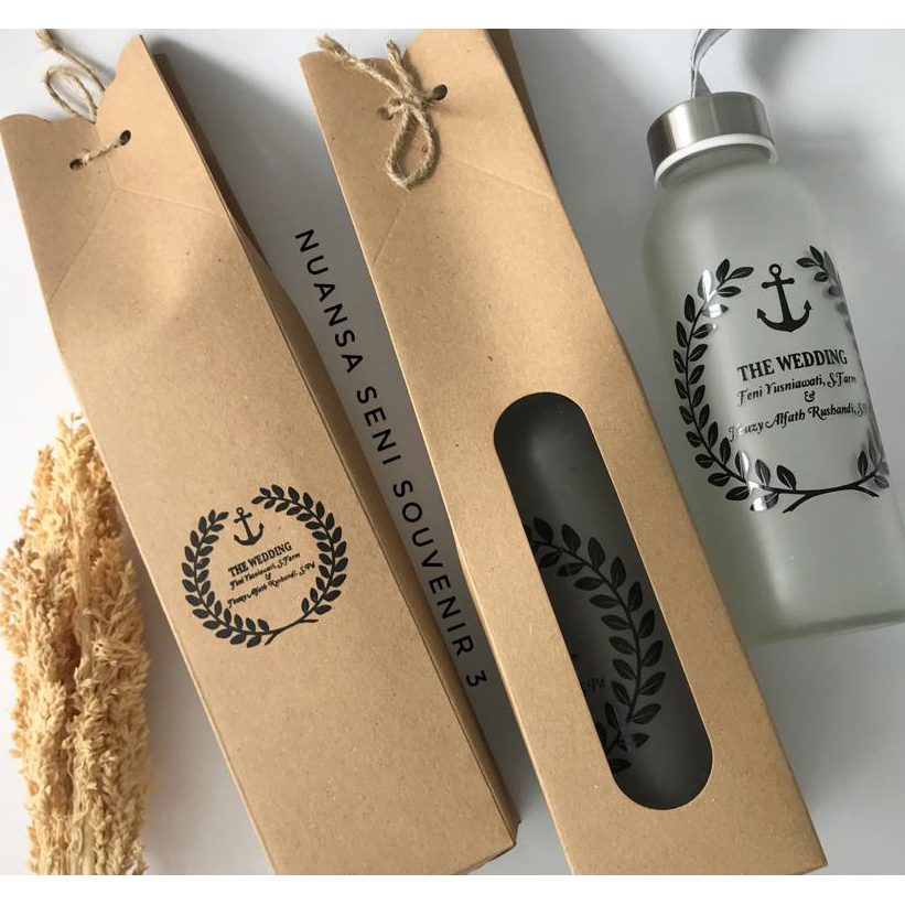 Souvenir Pernikahan Tumbler Kaca Doff 420ml Termos Minum Kaca Botol Sablon Kemas Box Rustic