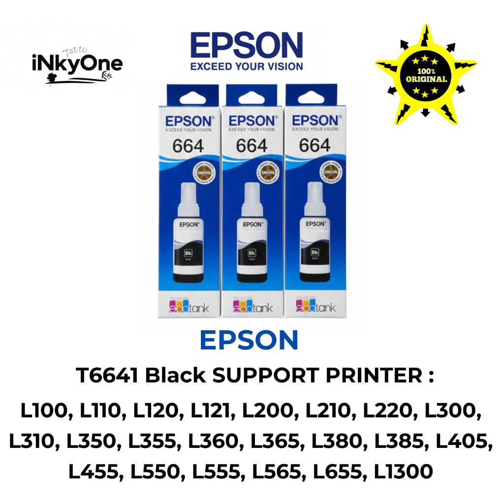 Tinta Epson 664 Black Original T6641 untuk Printer L120 L310 L360 L380 L405 L565