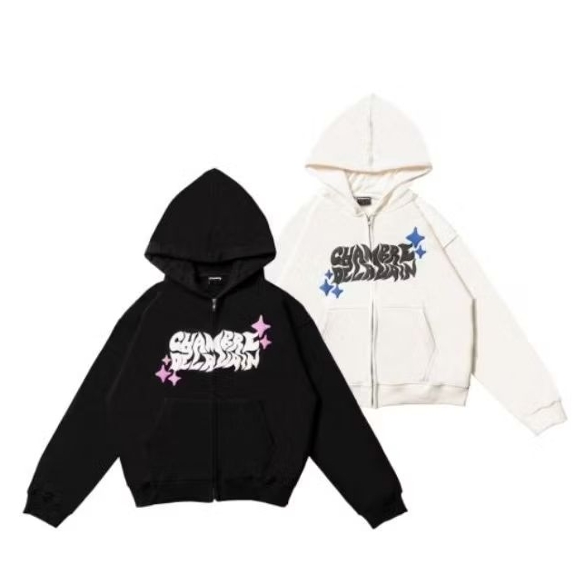 HOODIE ZIPPER BOXY CHAMBRE FOREVER /Hoodie Zipper Boxy Chambrededelavain Hitam dan Putih flacee cato