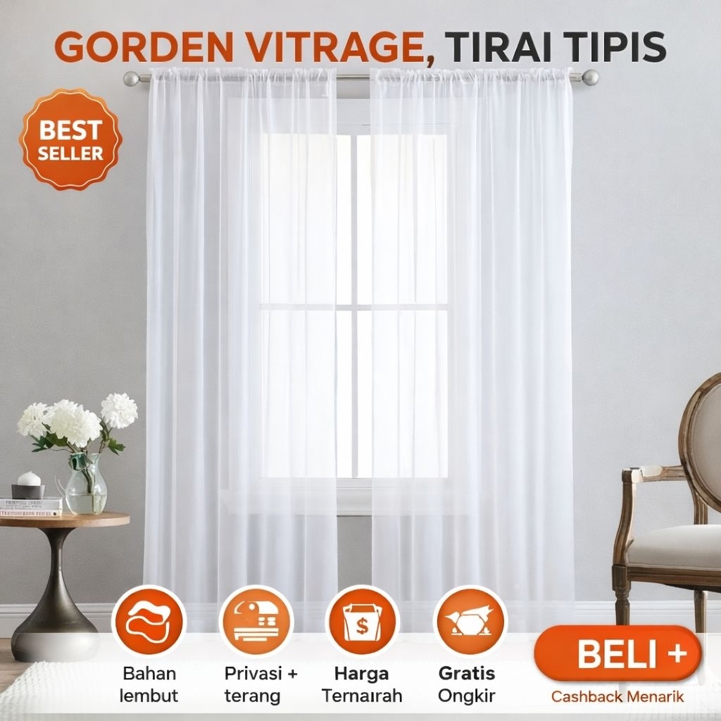 Gorden Vitrage Putih Polos Premium | Tirai Tipis Transparan Minimalis | Gorden Jendela Ruang Tamu Ka
