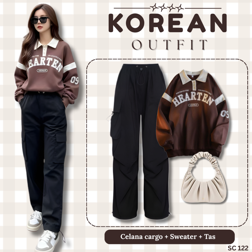 Setelan Wanit Korean Style ( Sweater Coklat,Celana Cargo,Shoulder Bag )OOTD Ngopi,Hanggout SC122