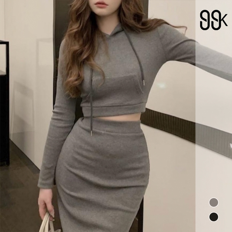 [Premium] 99kOUTLET One Set Hoodie Crooped Polos Lengan Panjang + Rok Bodycon Midi With Side Split 1
