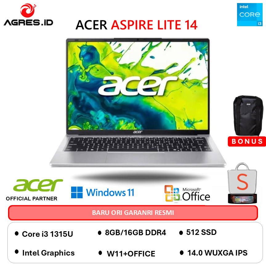 ACER ASPIRE LITE 14 AL14 I3 1315U - RAM 16GB 512GB W11+OHS 14.0WUXGA IPS -53M.36GD