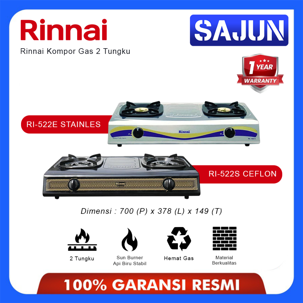 Rinnai Kompor Gas 2 Tungku RI-522 Api Biru Sun Burner Body Ceflon / Stainless RI-522S / RI-522E